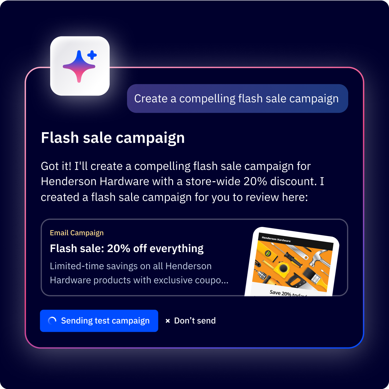 ActiveCampaign marketing and advertising AI Campaign Builder creating a complete email marketing campaign from a single plain-language prompt — a key advantage over Mailchimp's manual campaign creation